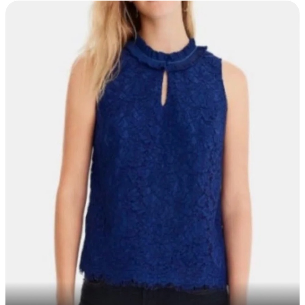 J. Crew Blue Lace Sleeveless Top with Ruffle Collar